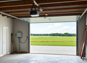 Spacious garage with a Merlin garage door opener, showcasing an open door and a picturesque countryside landscape.