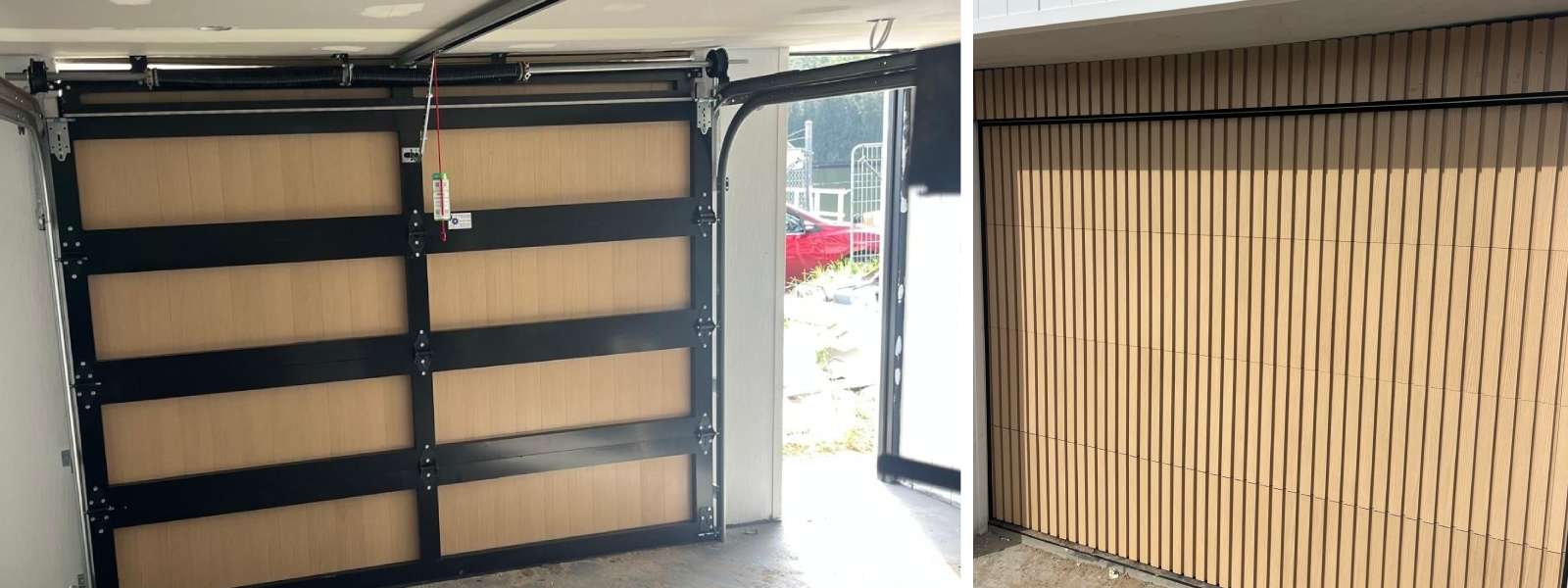 Stunning aluminium batten garage doors in a beautiful blonde ash finish