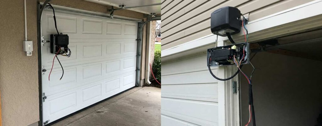 Garage doors with a malfunctioning opener motor.