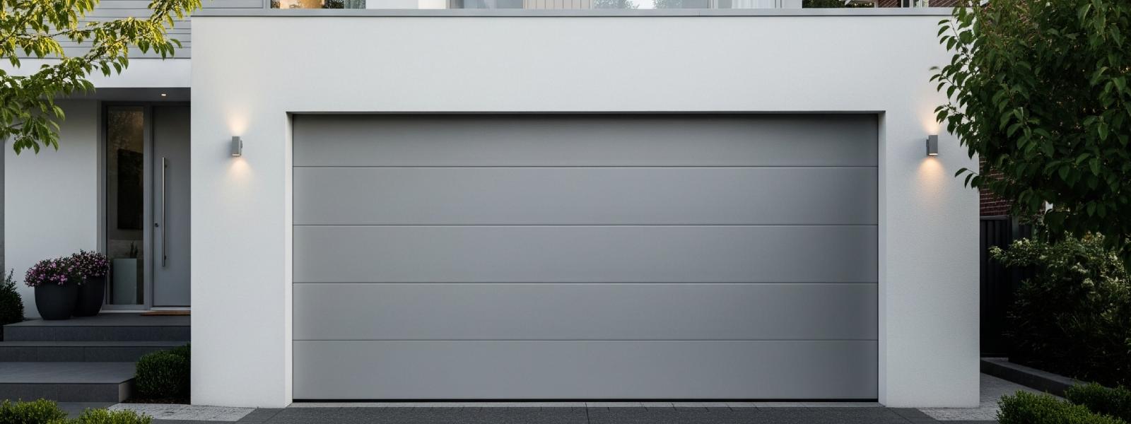 light grey sectional garage door on a contemporary white house