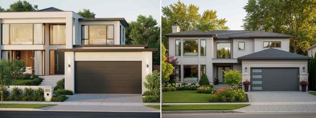 Two modern residential homes with prominent garage doors