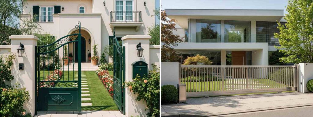 Two distinct residential properties, one featuring dark green wrought iron swinging gate and other displaying a light-colored horizontal-slat sliding gate.