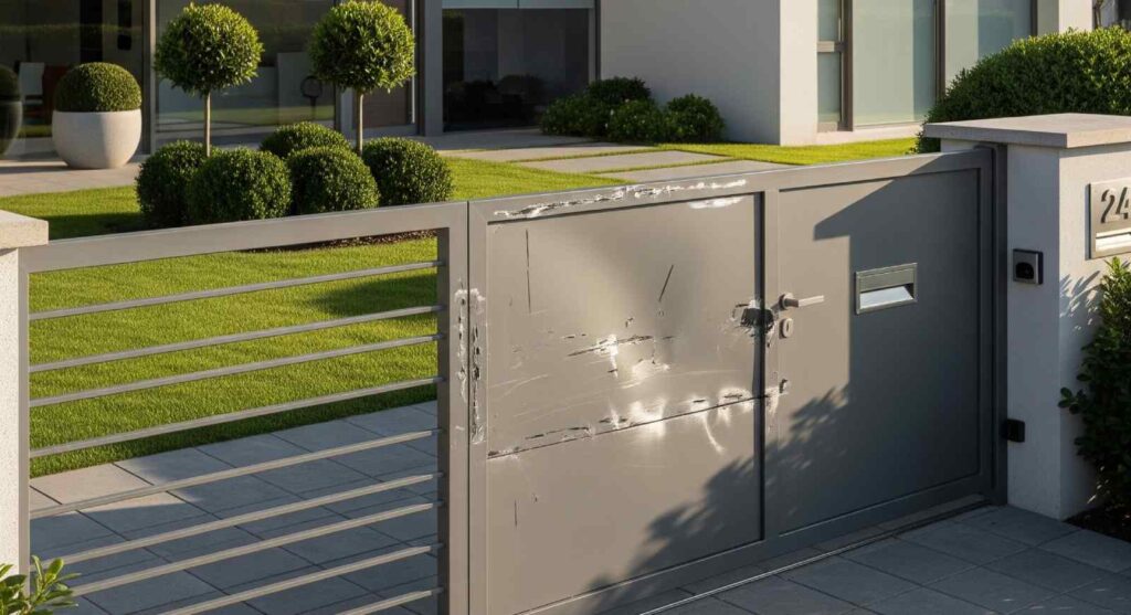 Damaged grey metal gate in need of repair.