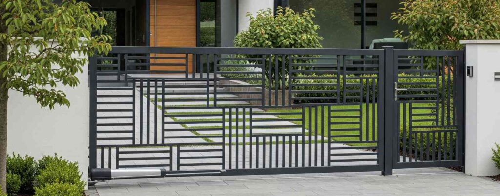 modern white house featuring a stylish dark gray motorized gate with geometric patterns