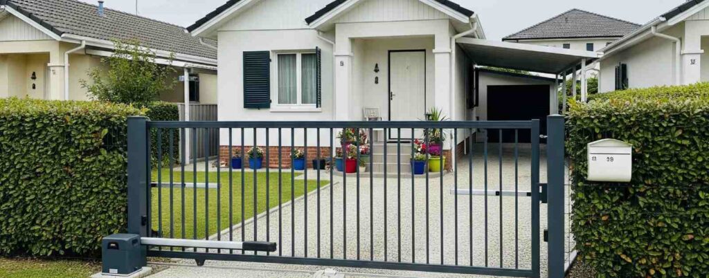 Front view of a white residential house featuring an automatic black sliding gate