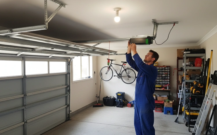 Our technician installing Merlin garage door opener in residential garage