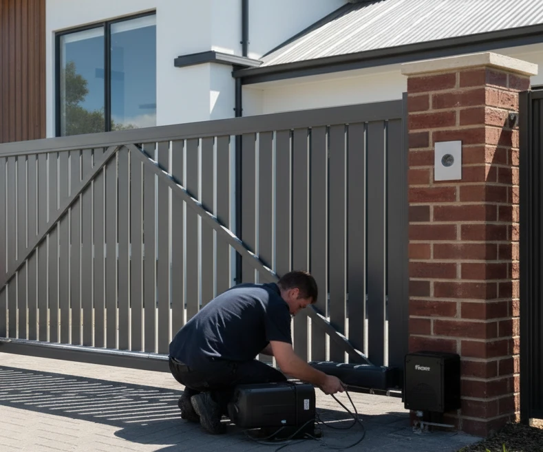 Expert installing an automatic wrought iron gate opener at a modern residential property.