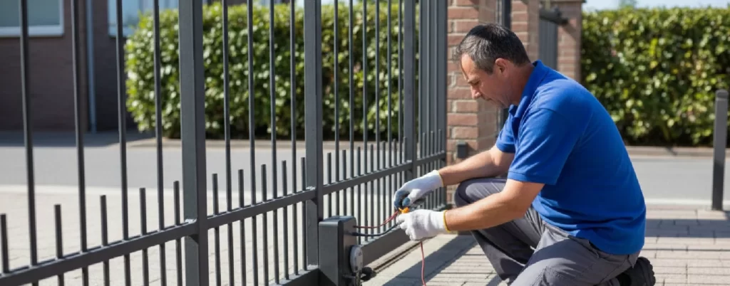 Technician repairing automatic metal driveway gate with tools