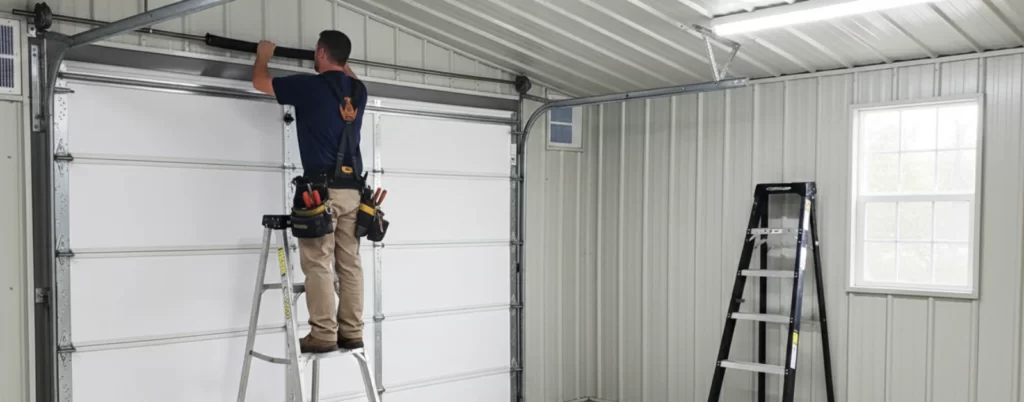 White sectional garage door showing the torsion spring and opener during a routine maintenance check.