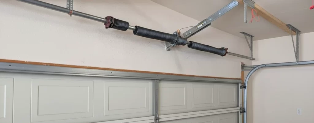 Garage door torsion spring mounted above a white paneled garage door with an automatic opener.
